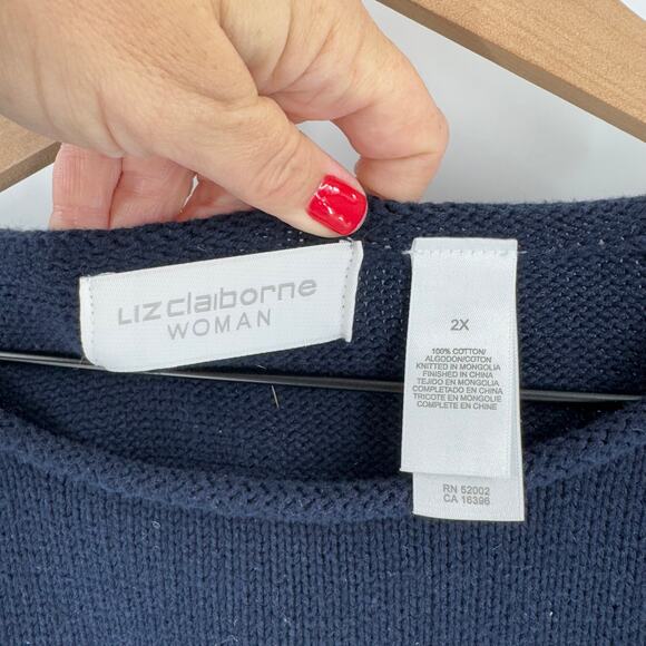 Vintage Liz Claiborne Anchor Nautical Sweater Navy White Cotton Pullover Size 2X - Picture 3 of 7